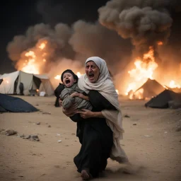 A Palestinian woman wearing the Palestinian dress carries her dead son as she screams and cries at night, with explosions in refugee tents behind her.