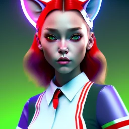 waitress teenager, Caucasian race, cat ears latex headband, rounded face, red hair, short hair, light makeup, striped shirt, vibrant color, highly detailed, gradient background, concept art, smooth, 16 bit, unreal engine 5, god rays, ray tracing, RTX, lumen lighting, ultra detail, volumetric lighting, 3d, finely drawn, high definition, high resolution.