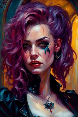 oil painting of a gothpunk mercenary vampire girl with highly detailed hair and facial features ,in the painting style of Daniel F. Gerhartz, with a fine art aesthetic and a highly detailed brushstrokes, realistic rococo style