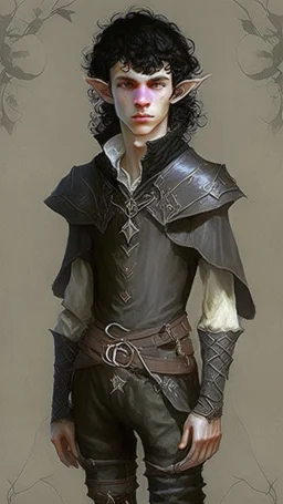 a teen elf. he has curly, black hair and sharp cheekbones. His eyes are black. He wears fantasy medieval clothes. he is lean and tall, with pale skin. full body with boots