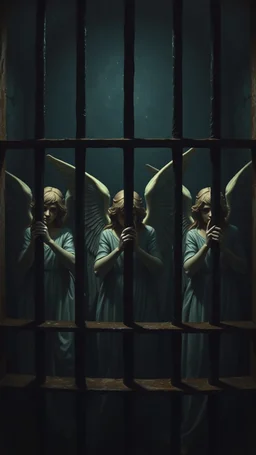 Bosch painting style nightmares, three angels locked behind bars , in dark prison environment with dim lights like 1800 prisons .