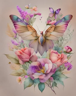 "floral hummingbirds heart"with dragonflies and butterflies hand-drawn watercolor, muted tones, flowers everywhere, REALISTIC