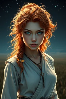 digital art portrait of a beautiful young female fighter, pastel style, fantasy, long messy curly ginger hair, pale blue eyes, fierce, dressed in light reveaing asian fighter outfit, ornaments, choker, standing in fields, night-time, stars, realistic, sexy, cinematic lighting, highly detailed face, very high resolution, centered, looking at the camera