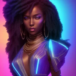 full body shot, masterpiece, best quality, black skinned, sparkling eyes, long hair, gourges Goddess of Africa,fluorescent skin,blue-dark makeup,synthwave, indigo, highly detailed body, sun light, 4K, RAW, depth of field, high contrast, realistic details, 24mm