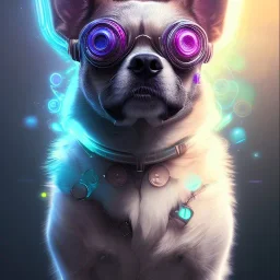 A beautiful portrait of a cute cyberpunk dog by sandra chevrier and, greg rutkowski and wlop, purple blue color scheme, high key lighting, volumetric light, digital art, highly detailed, fine detail, intricate, ornate, complex, octane render, unreal engine, photorealistic