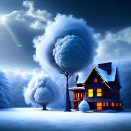 Giant tree clouds with houses paisage snow