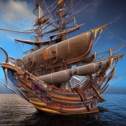 The beautiful pirate ship in the ocean, complex, incomprehensible, 3D, voluminous, symmetrical, artistic, 4K, 8K, by Franz Mark, a living, real and natural work