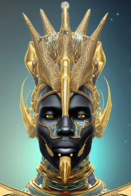 black male African Egyptian alien, cracks in the voodoo head, wicked, diamond eyes, crown, blood, 8k, finely detailed, photo realistic, leopard robe turquoise skull head gold dragon space alien rain skeleton gold teeth silver crown silver space suit spaceships