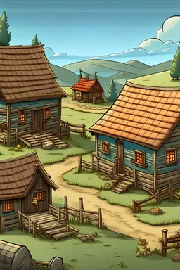 a small village with two houses in the style of an old point and click adventure game