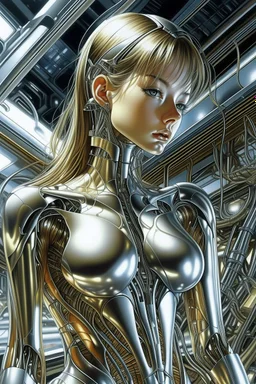 A digital photo by Hajime Sorayama of a beautiful cyborg girl inside a futuristic matrix.