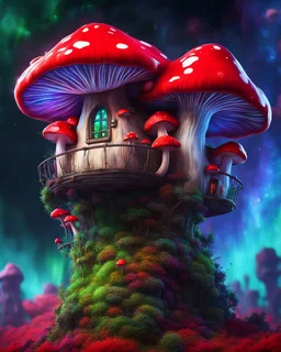 A lonely floating island mushroom house in space. red green blue, deep space nebulas. Detailed gloss Painting, bright color, fantastical, intricate detail, splash screen, hyperdetailed, insane depth, concept art, 8k resolution, trending on Artstation, Unreal Engine 5, color depth, backlit, splash art, dramatic, High Quality Whimsical Fun Imaginative, good composition