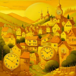 A golden yellow village with mystic clocks painted by Karl Wiener