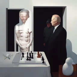 Putin, President Xi Of China And Joe Biden Play Chess With A Pigeon,Ufo And Atomic Bomb Mushroom Cloud,Complex Surgical Instruments Intermixed With A Newborn Boy,Minimalism,Painting By Adrian Ghenie,Rene Magritte,Pablo Picasso,Michelangelo,Salvador Dali,Lucian Freud