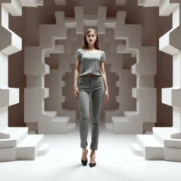 picture of lady with a top and pants style design posing in a 3d recursive structures stage fractal like.