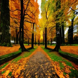 fall forest walkway fallen tree leaves , very beautiful environment and sky