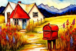 prompt.. An oil painting created with alcohol oil ink, featuring an atmospheric scene of an old abandoned red mailbox securely fastened to a post in a clearing on the outskirts of town. Surrounding the mailbox are long thatches and wildflowers, with a small, brightly colored beautiful bird perched on top. In the distance, mountains loom over a few small white houses with an old tree. As the mountain wind blows, the thatch sways, revealing small yellow flowers, adding a pop of color to the bland