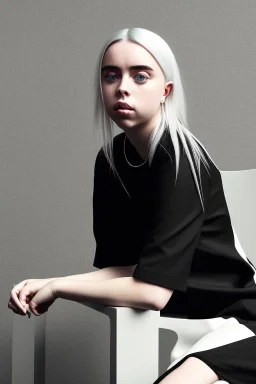 Billie Eilish, sitting on a chair, Black Short Dress, pale skin, high detail, realistic, 8k, not to be distinguished from a photo