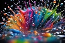 close up slow motion multicolored water drops bursting, high definition, dark - blurred background