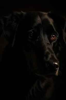 un perro negro, con la mirada atento, plano medio, luz oscura, ambiente misterioso, con estilo de Rembrandt