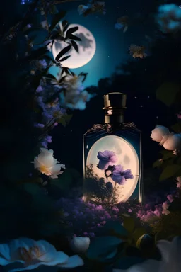 generate me an aesthetic photo of perfumes for Perfume Bottles in a Moonlit Garden