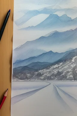 Rolling hills, lake, winter, snow, sunrise Modifiers: smooth intricate high definition beautiful lighting pencil sketch watercolor polished warm light watercolor and ink LNF