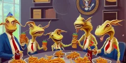 ghetto aliens in clothes enjoying fast food on earth in the oval office