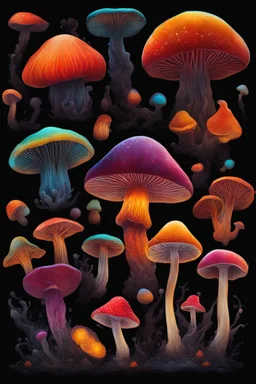 Diseased colourful mushrooms and fungi growing from black oil with a black background in the multiverse