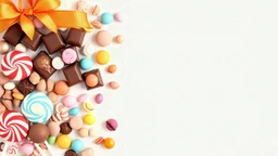 A beautiful image filled with chocolate, lollipops, and various colored pastels and candies on the left side of the image with a white, orange, and pale blue background theme.