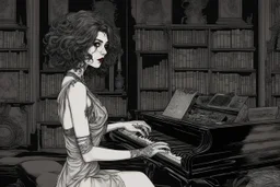 scarred cyberpunk vampire girl with tribal tattoos short curly dark cyberpunk hair playing a grand piano in the library of a decaying gothic mansion at midnight