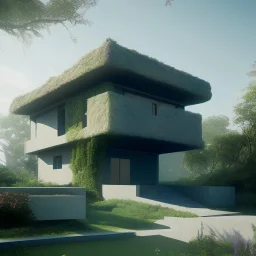 Unifamiliar house. Ricardo Bofil. Modern architecture interacting with nature, cool design. Pastel colores palette. ray tracing, RTX, lumen lighting, ultra detail, volumetric lighting, high definition, high resolution. Uncanney valley.