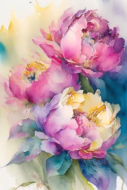 peonies, watercolor painting, ultrasharp, realistic colors, with some splashes of mixed colors