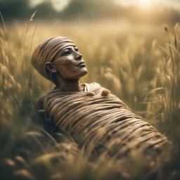 wrapped Egyptian mummy in long grass ,bokeh like f/0.8, tilt-shift lens 8k,*-