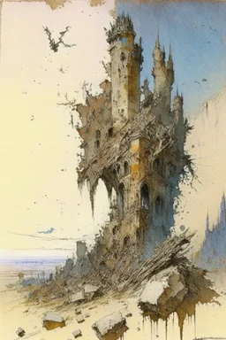 Destroyed City, medieval ruins, debris, stone, breched, brocken, Perspektiv from the sky, by Jean-Baptiste Monge, Ivan Bilibin, Albert Bierstadt, Reza Badrossama ink, pencil sketch, splash art, intricate details, fantasy, beautiful, oil on canvas, award winning, imperial colours, fantastic view, radient colours, very attractive, crisp quality