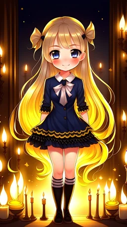 1 girl, chibi, cute, white skin, hand is wearing socks, HDR, UHD, 8K, best quality, masterpiece, Cinematic Lightin, slender, fashion style, Mashort eyebrows, black eyes, devil pupils, parted lips, smile, swept bang, braid, very long hair, light yellow hair, stockings, high heels, tiara, long dress