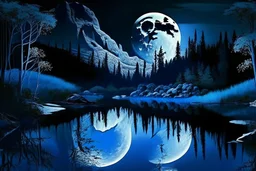 black, blue and white colors, fullmoon, pond, mountain, forest