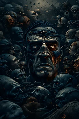 Bosch nightmares paint style Title: "a surrounded by front view of many angry dark black two eyes faces , insanely detailed octane render trending on artstation, 8k artistic photography, photorealistic concept art, soft natural volumetric cinematic perfect light, chiaroscuro, award-winning photograph, masterpiece, oil on canvas, Raphael, Caravaggio, Greg Rutkowski, people, beksinski, Giger