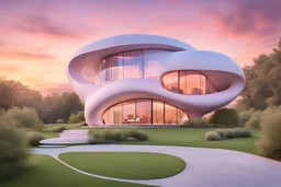 Apple shaped house seamlessly integrated under cloud with pastel hues during sunset, Apple shaped modernist architecture, casting warm sunlight on the structure, emphasizing its sleek design and blending with the natural surroundings, Architectural photography, real photography, photo real