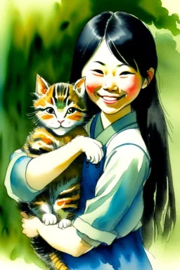 A cute smiling asian girl is holding a kitten. Watercolour