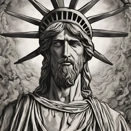 line tone, woodcut, engraved, wall street journal style, statue of cruicified Jesus of Liberty with a beard and wearing a cross and hanging from a cross, The statue male, hyperdetailed intricately detailed photoillustration ink drawing dystopian 8k resolution entire body of the statue is in the picture. digital illustration telephoto lens photography , same colors as the us treasury's one dollar bill, crucified"