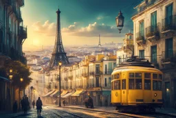 Lisbon city view in fantasy cyberpunk style with famous yellow tram, one eiffel tower in background