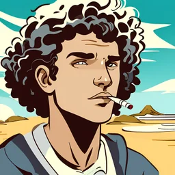 curly hair boy surfing with a cigarette in hist mouth, cartoonized, plano geral