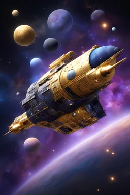 defence spacecraft in gold, silver, black, blue, purple, background space, stars, planets, nebulas