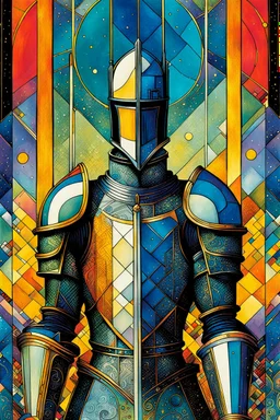 Create a chaotic abstract cubist Tarot Card depicting The Knight of Swords , with highly detailed facial features, in the style of Bill Sienkiewicz, Philippe Druillet, Gustav Klimt, and Jean Giraud Moebius, precisely drawn, colored and inked, with ornate bordered edges