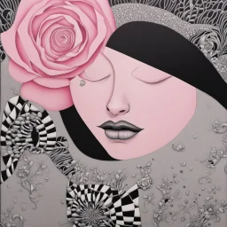 A detailed high quality surreal painting of a delicate, shimmering single pink, personified rose, with a womans face a small pretty face in its petals, two eyes, pouting lips, delictae nose, background is a blurred black and white hypnotic pattern, very mod, 1960s inspired art, psychedelic, highly detailed conceptual art, mixed media collage, dark fantastical, hypnotic atmosphere, fine lines, dali-esc, beautiful and natural, strange art, optical illusion