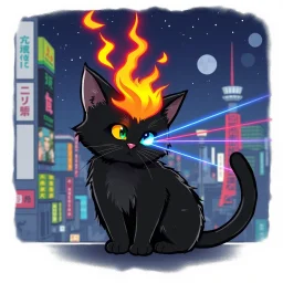 Cats hair emo flam , Lazer eye , Tokyo city night view wallpaper , cartoon