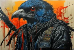 A contemporary serigraphy portrait by Kuniyoshi of a crow adorned in a punk leather jacket within a cyberpunk atmosphere.