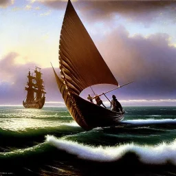 portrait of 'viking ship on rought sea',open sail,vikings,ancient metal armor,horned helmet,castle,army,mountains, snow, cold, painting by gaston bussiere, greg rutkowski, yoji shinkawa, yoshitaka amano, tsutomu nihei, donato giancola, tim hildebrandt, evan lee,oil on canvas, cinematic composition, extreme detail,fit full head inside picture,16k