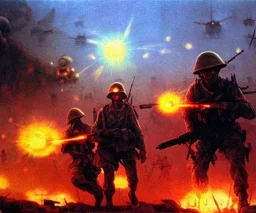 vietnam war. war. napalm. bokeh. lens flare. warm lights. high detailed. beksinski