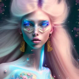 Entire white woman with legs, long blond hair, blue eyes, pink and blue dress in a galactic ambiance, delicate colors in the foreground, full of details, smooth, light effect，vaporwave colorful, smooth, extremely sharp detail, finely tuned detail, ultra high definition, 8 k, unreal engine 5, ultra sharp focus