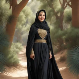 an elegant Arabic woman wanderer, a female Dharma Bum of the desert, smiling but lost amidst the towering trees and tangled undergrowth of a mysterious forest. Clad in her traditional revealing Abaya and expensive headscarf, symbols of his heritage and identity, the Arabic wanderer stands at a crossroads of worlds, her eyes reflecting the flickering shadows of the forest canopy above.